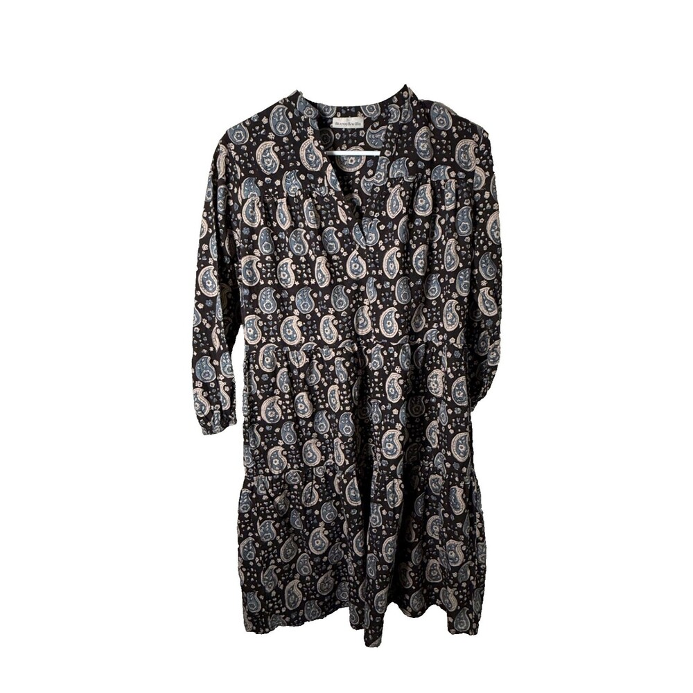 Fitzroy & Willa Dress Women's XS Brown Paisley Boho Long Sleeve V-Neck Shift